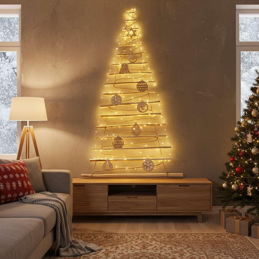 BOGATECO Sapin de Noël fait à la main Hauteur 205 cm avec décorations en bois de noisette, pendentif décoratif avec lumières LED de 10 m, panneaux en bois reliés à une corde de jute avec un