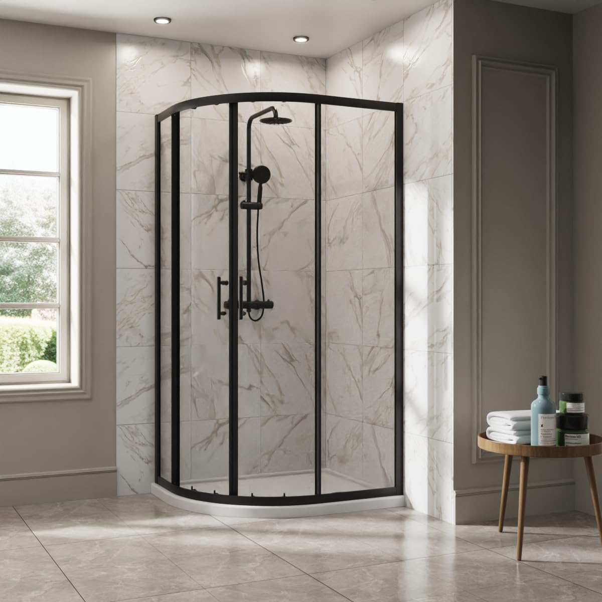 NRG 900 x 800mm Matte Black Framed Offset Quadrant Shower Enclosure Sliding Door for Wet Room Cubicle Enclosures