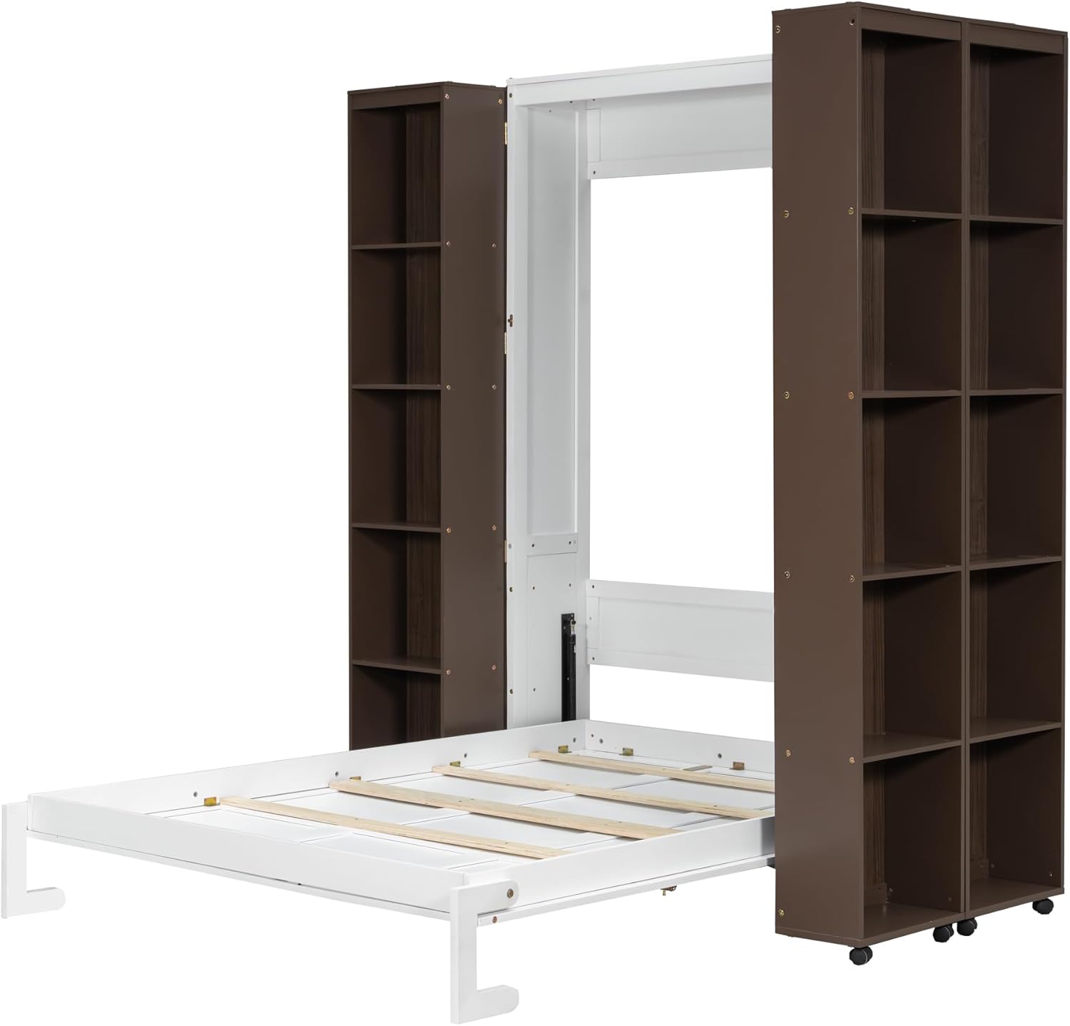 Merax Queen Murphy Bed with Push-Pull Cabinets, Murphy Bed Queen with Storage Shelves and Shelves with Wheels, No Box Spring Needed, White Espresso