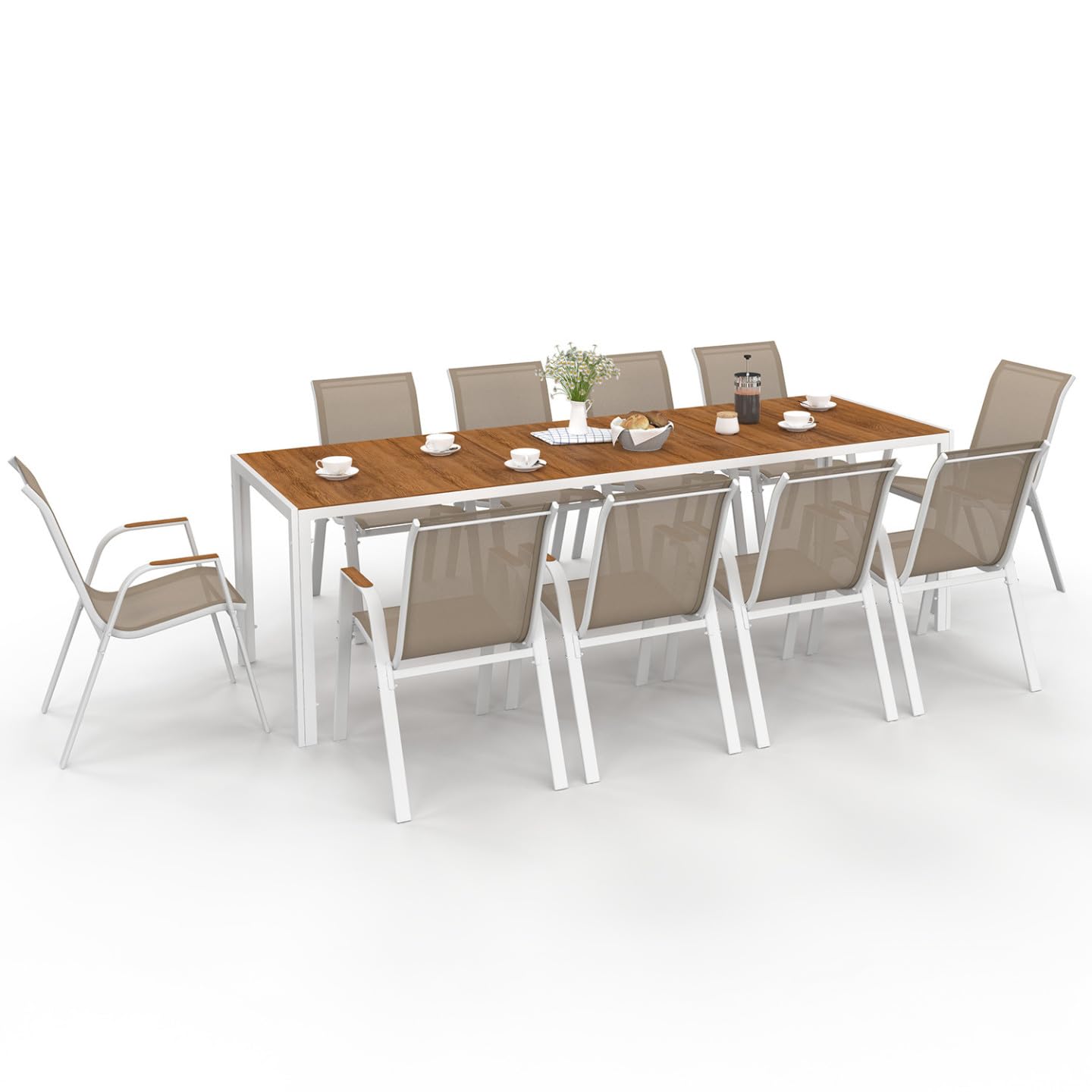 IDMarket - Salon de Jardin NOUMEA Table 240 cm Plateau Verre trempé Effet Bois et 10 chaises empilables Blanc et Bois