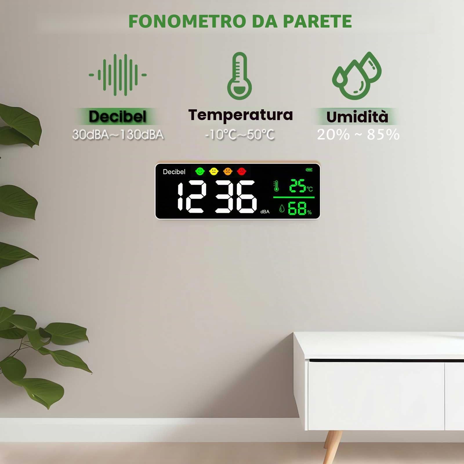 Fonometro 30~130dB 11" Display LCD Digitale Fonometro Professionale a Muro Misuratore di Livello Sonoro Decibel/Temperatura/Umidità con Allarme e USB Cavo per Casa Ufficio Scuola Bar Fabbrica