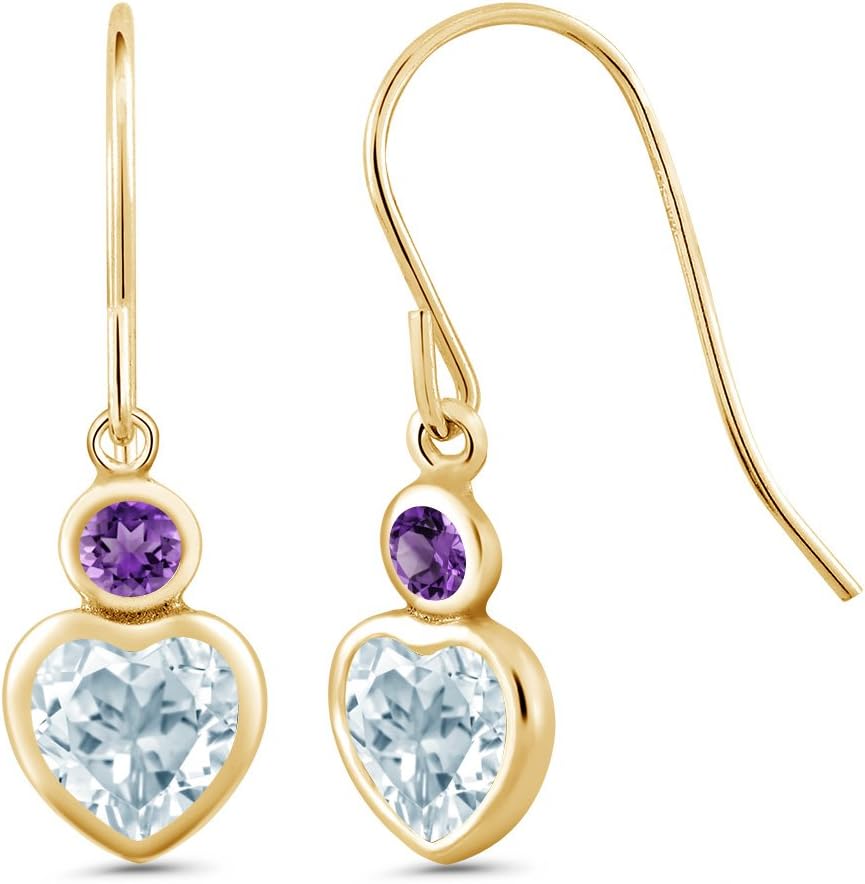 Gem Stone King 14K Yellow Gold Sky Blue Topaz and Purple Amethyst Drop French Wire Earrings For Women (1.32 Cttw, Gemstone November Birthstone, Heart Shape 5MM, Round 3MM)