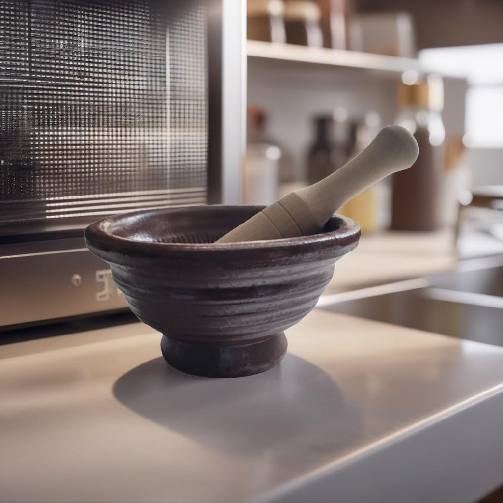 Ceramic Mortar & Wooden Pestle Set – Small Suribachi Grinding Bowl – Perfect for Spices, Herbs, Nuts & Seeds
