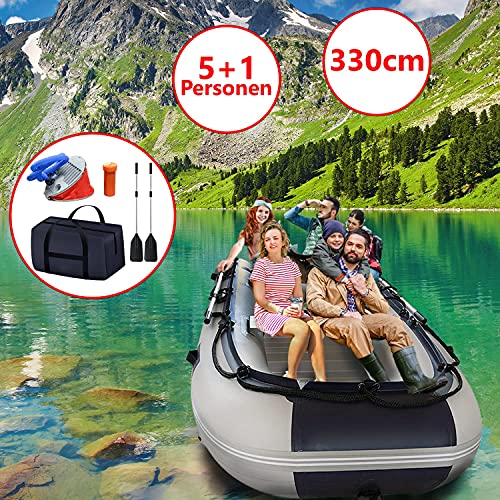 Schlauchboot-330-m-fuer-51-Personen-330-x-155-cm-max-566-kg-bis-15-PS-Alupaddel-Aluboden-Fussluftpumpe-Zubehoer-PVC-Motorboot-Ruderboot-Paddelboot-Angelboot-Gummiboot-Freizeitboot