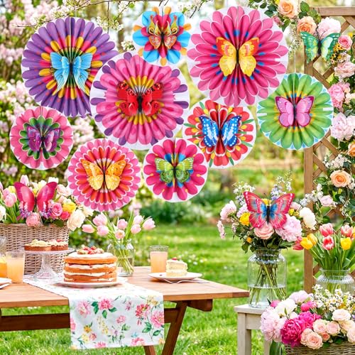 Image of Affrolling 21 Pcs Butterfly Flower Paper Fan, Butterfly Birthday Decorations, Colorful Party Decoration for Garden, for Wall Hanging Flower Decor Birthday Garland Backdrop for Tea Party