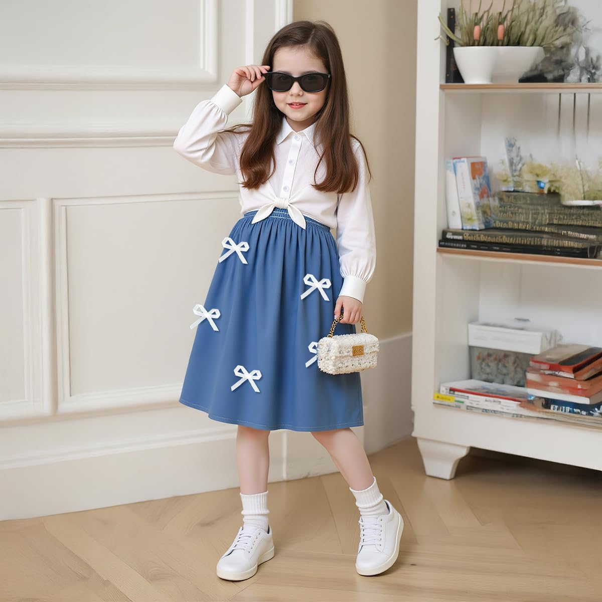 Girls two-piece outfit, white long-sleeved shirt and blue bow dress, toddler princess party dress