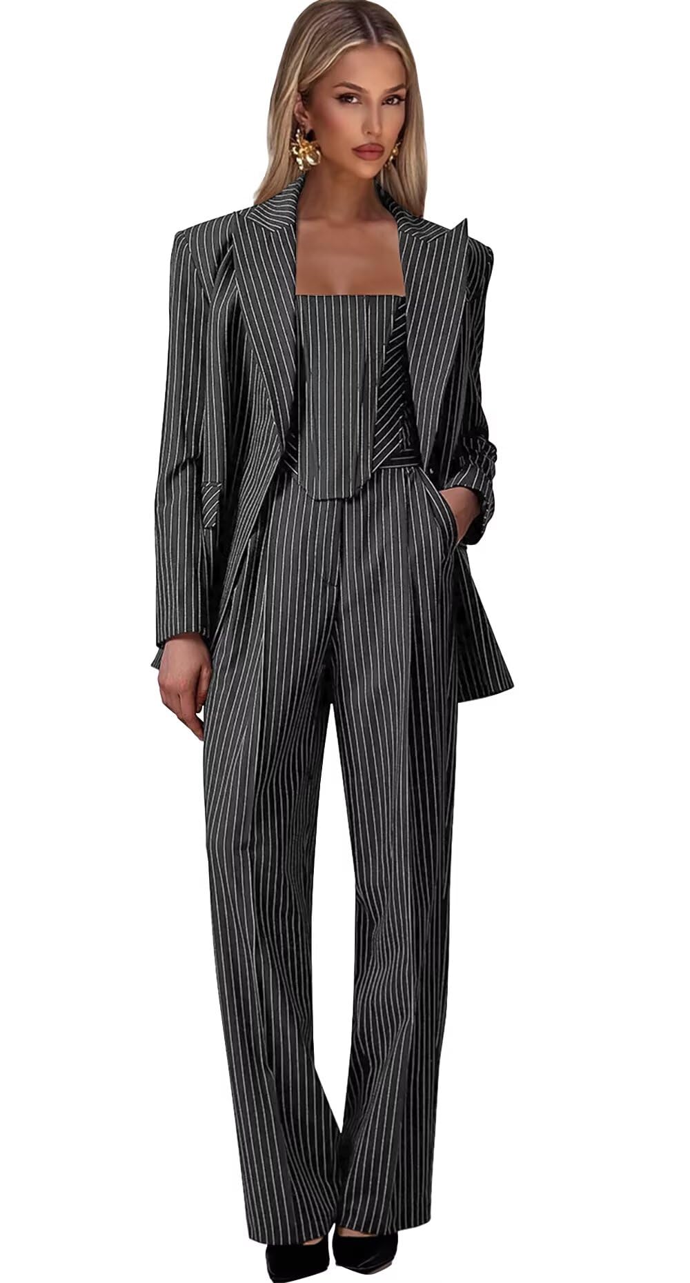 Pinstripe Pant Suits for Women Dressy Peak Lapel 3 Piece Womens Suit 1 Button Business Work Office Blazer