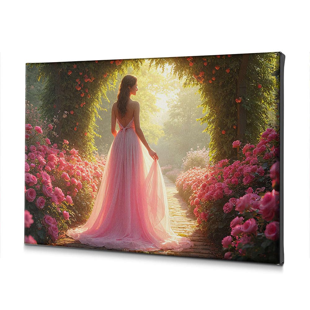 CBRT Decorazione in stile shabby chic con una donna in abito rosa che cammina lungo un sentiero fiancheggiato con fiori su tela, immagine decorativa per bagno, decorazione da parete (30 x 40 cm)