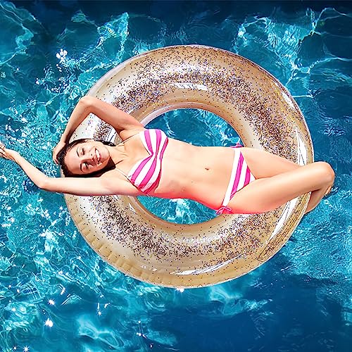Hillylolly Aufblasbarer Schwimmring, Schwimmreifen groß, Schwimmring Glitzer Schwimmring, Schwimmring Erwachsene Glitzer, Wasserspielzeug für Pool und Strand Party-120cm (Gold)