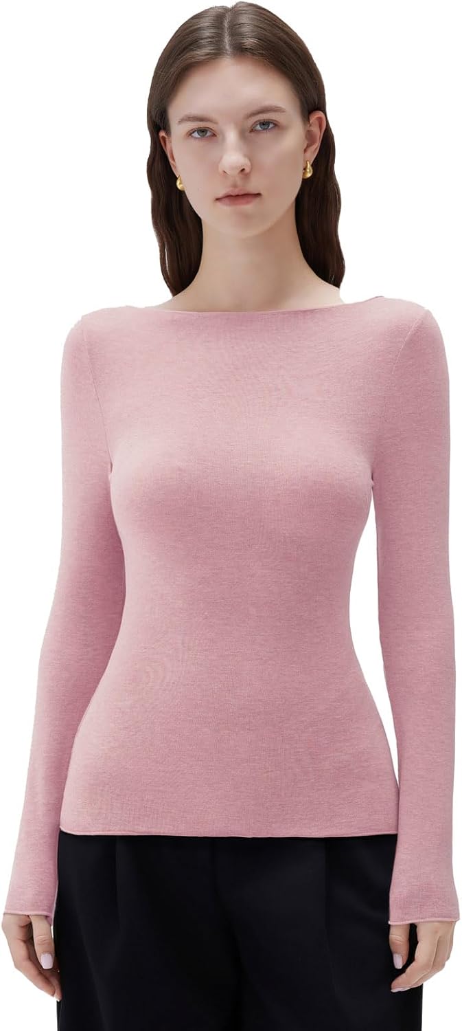 SUUKSESS Cloud Cashmere Women Boat Neck Fitted Long Sleeve Shirt Basic Knit Tops