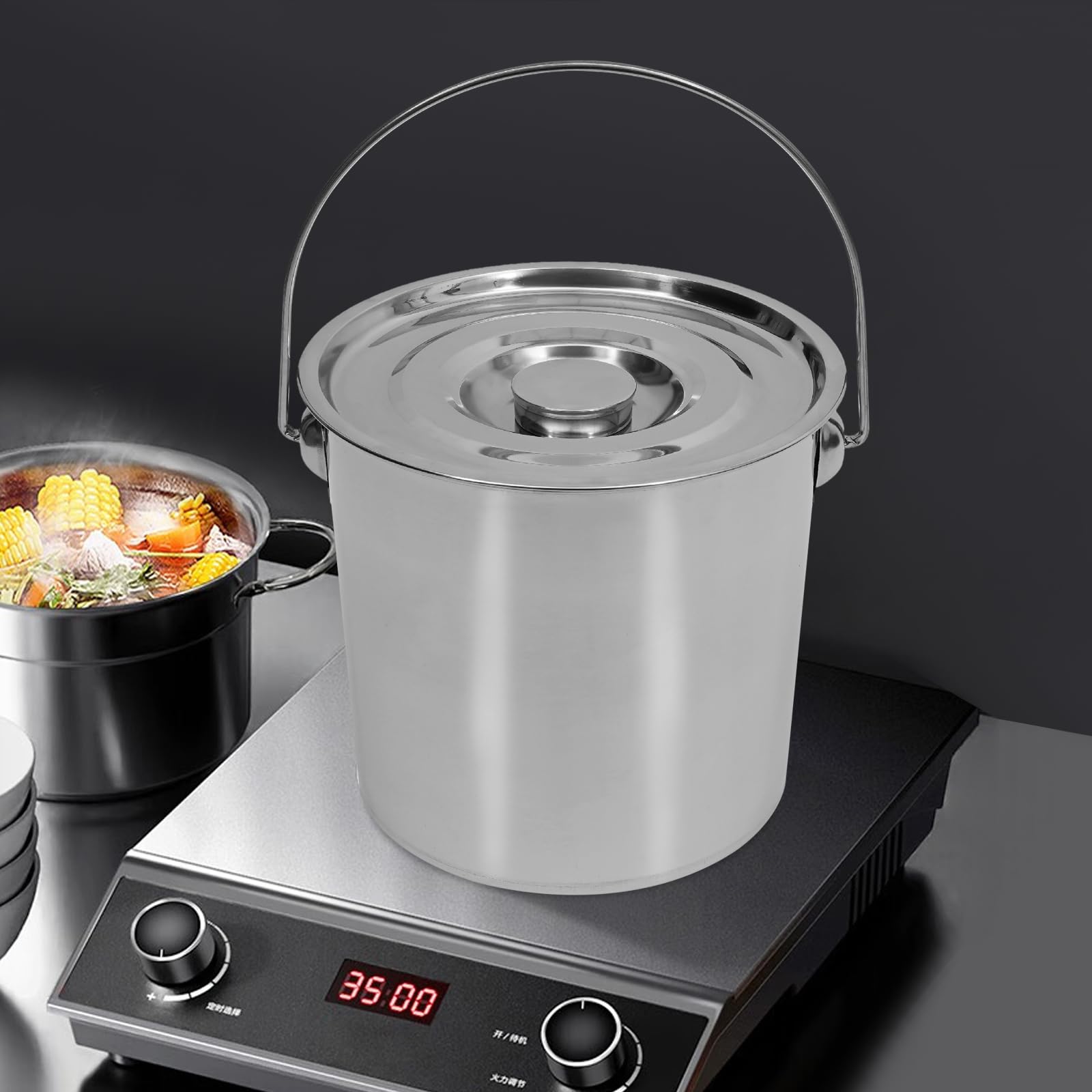 Spares2go - Secchio in acciaio inox con manico in metallo, 12 litri, con coperchio, colore: argento