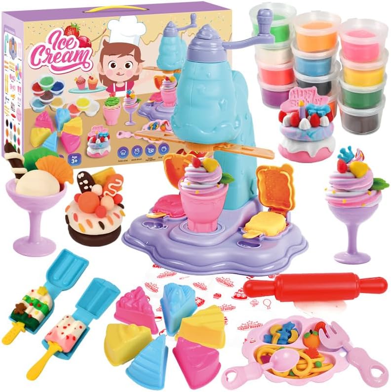 Ice Cream Color Dough Set for Kids 3+ Years, 42PCS Pretend Dessert Playset with Ice Cream Maker Machine, 12 Colors Modeling Dough, Molds & Tools, Creative DIY Kitchen Toy Gift