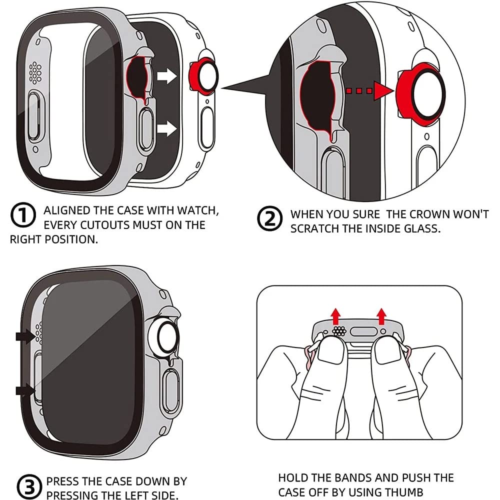 Confezione da 2 custodie rigide placcate per Apple Watch Ultra 2/Ultra 49 mm, in vetro temperato, copertura completa, antiurto, 49 mm, argento e argento