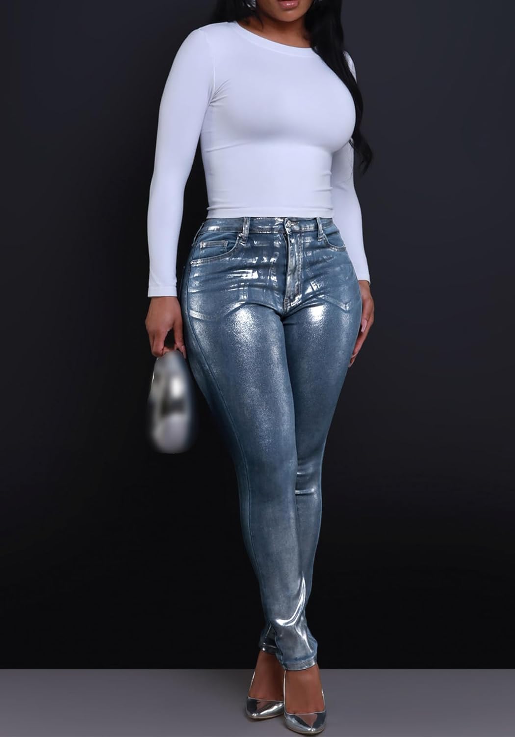 LKOUS Women's High Waist Stretchy Skinny Metallic Silver Jeans, Sexy Sparkly Slim Fit Denim Pants with Pockets - Image 4