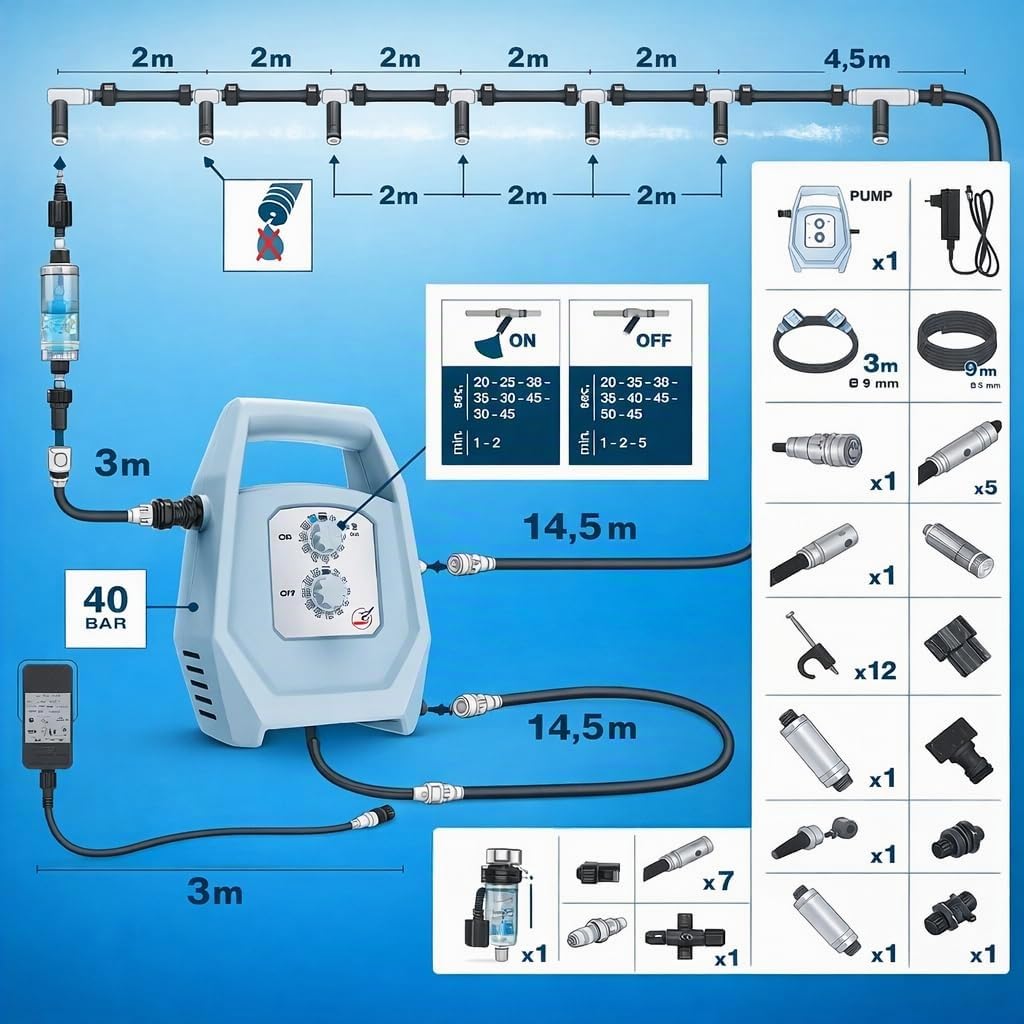 Jardibric – Kit de nebulización KPBRU20 – Brumizador – Bomba programable hasta 40 bares, 14,5 m, 7 boquillas antigoteo y filtro antical incluido – Refrescar eficazmente el aire
