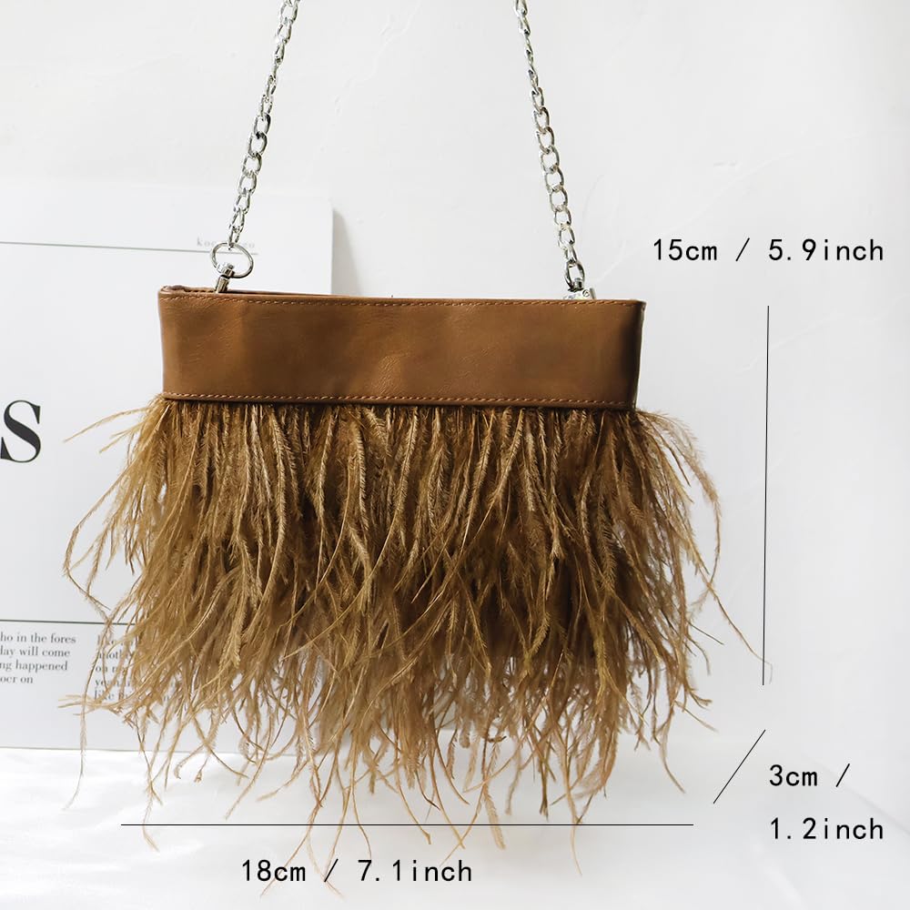 LAGO DE SAC Women Natural Fluffy Ostrich Feather Evening Clutch Purse Shoulder Crossbody Bag (Brown)
