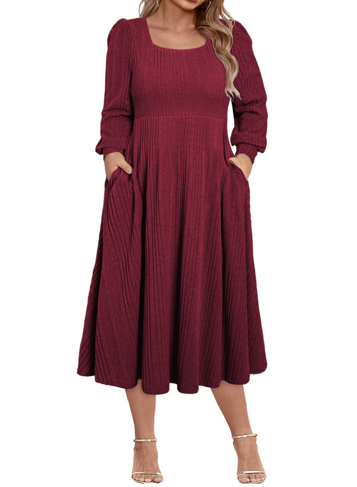 Eytino Womens Plus Size Dress Square Neck Long Sleeve Midi Sweater Dresses with Pockets 1X-5X