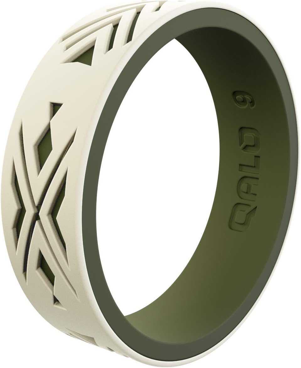 QALO Women's Strata Sand and Olive Arrowhead and Fish Silicone Ring Size 09