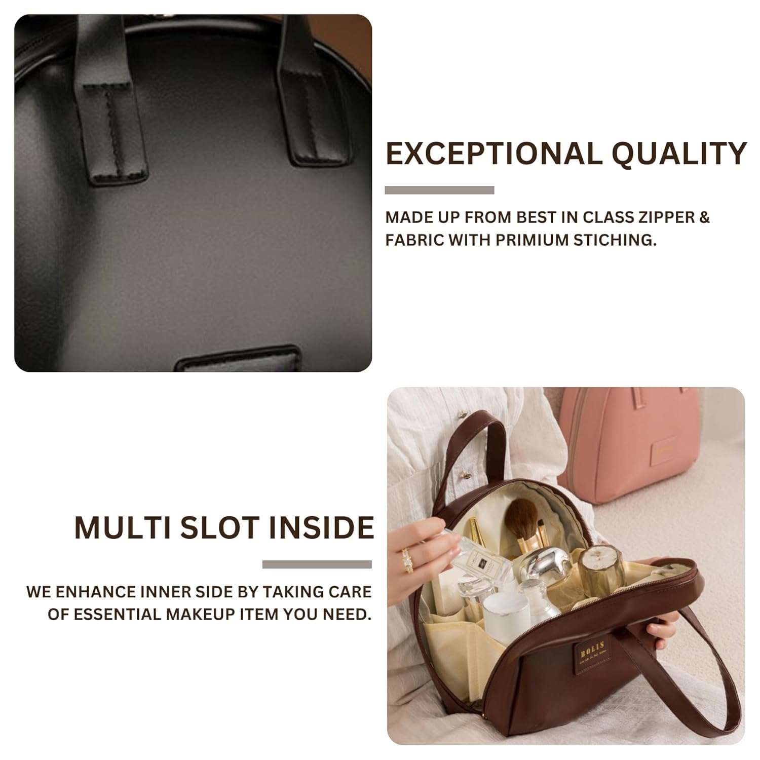 Falshruti Premium Waterproof Leather Travel Cosmetic Bag for Women β Large Capacity Makeup Organizer for Toiletries, Skincare & Beauty Essentials, Portable Stylish Storage Case 2