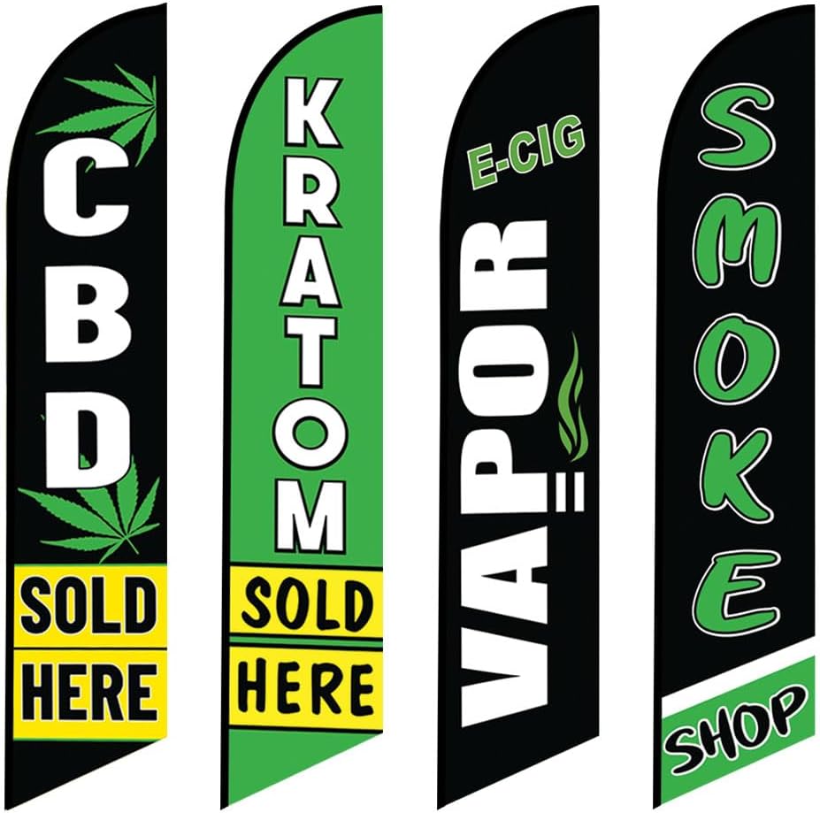 CBD Kratom Sold HereE-Cig Vapor Smoke Shop Advertising Feather Flag Kits Package, Includes 3 Banner Flags, 3 Flag Poles, and 3 Ground Stakes FFN