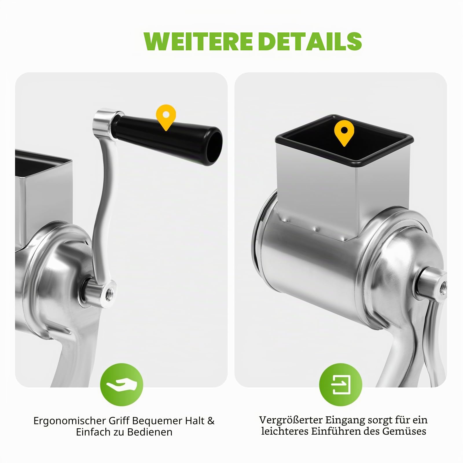 【5-Klingen】 Trommelreibe Edelstahl, Käsereibe mit Kurbel & Parmesanmühle | Manueller Gemüseschneider für gleichmäßige Stifte & Scheiben | Inkl. Saugfuß