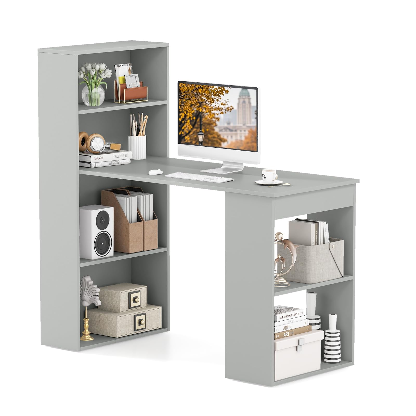 COSTWAY 110cm/122cm Computer Desk, Wooden PC Laptop Table Writing Workstation with 4/6-Tier Storage Bookshelves, Modern Home Office Working Study Desk (Grey, 122 x 55 x 120cm)
