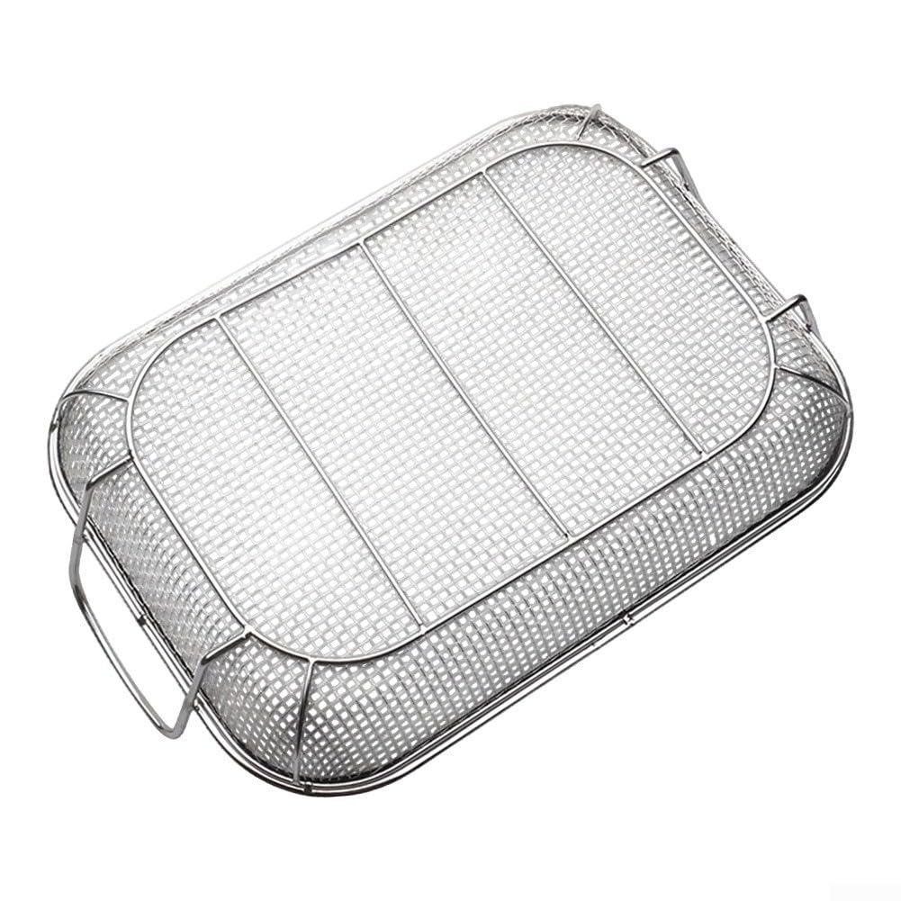 Cestino multifunzionale quadrato in acciaio inossidabile con manico, ideale per cucina e barbecue, contiene frutta e verdura, 42 5 x 28 x 10 5 cm (spazzola per la pulizia)