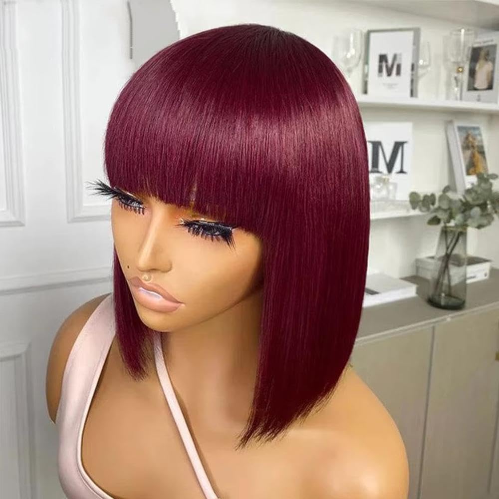 Haarpflege Rote Kurze Gerade Bob-Echthaarperücke Mit Pony Für Frauen
