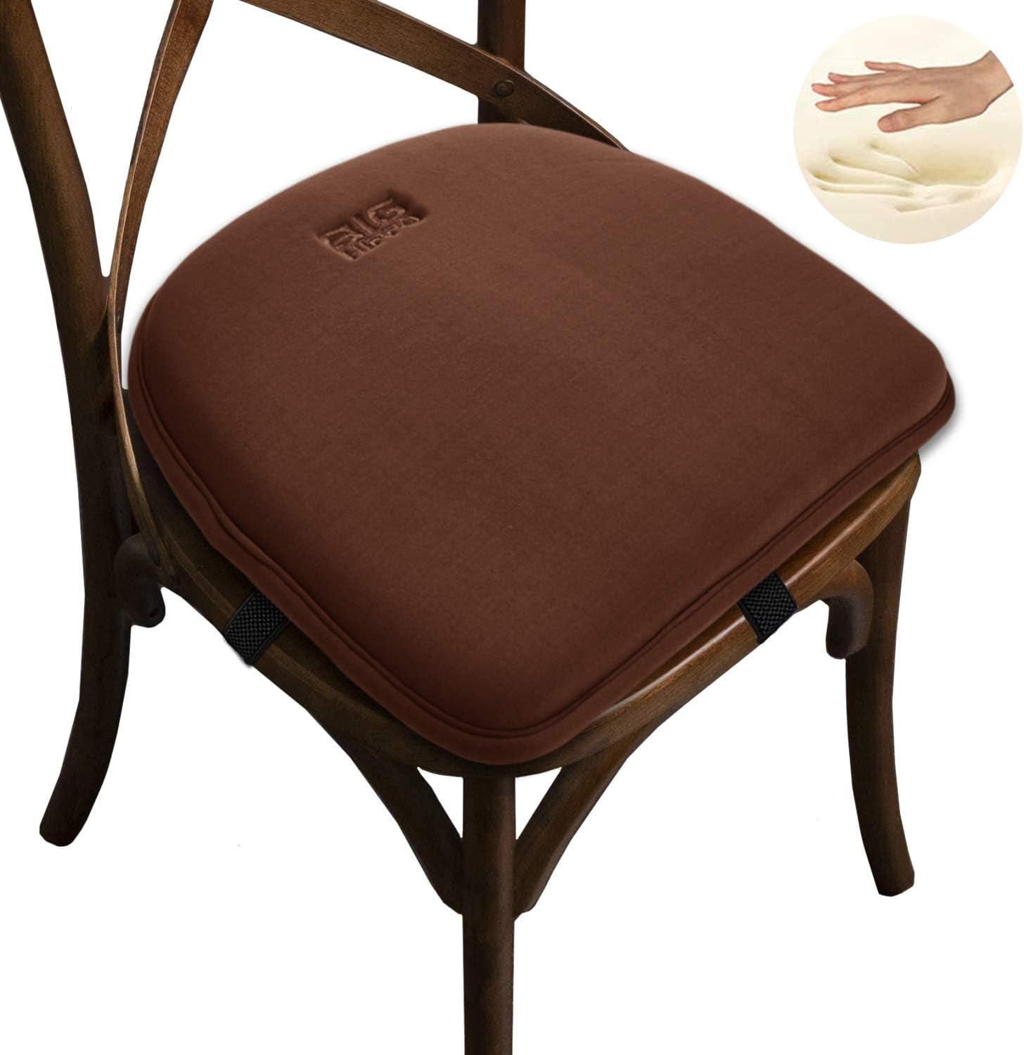 Big Hippo Chair Pads, Memory Foam Chair Seat Cushion Non Slip Rubber Back Thicken Chair Padding with Elastic Bands for Home Office Outdoor Seats (Brown-1pc)
