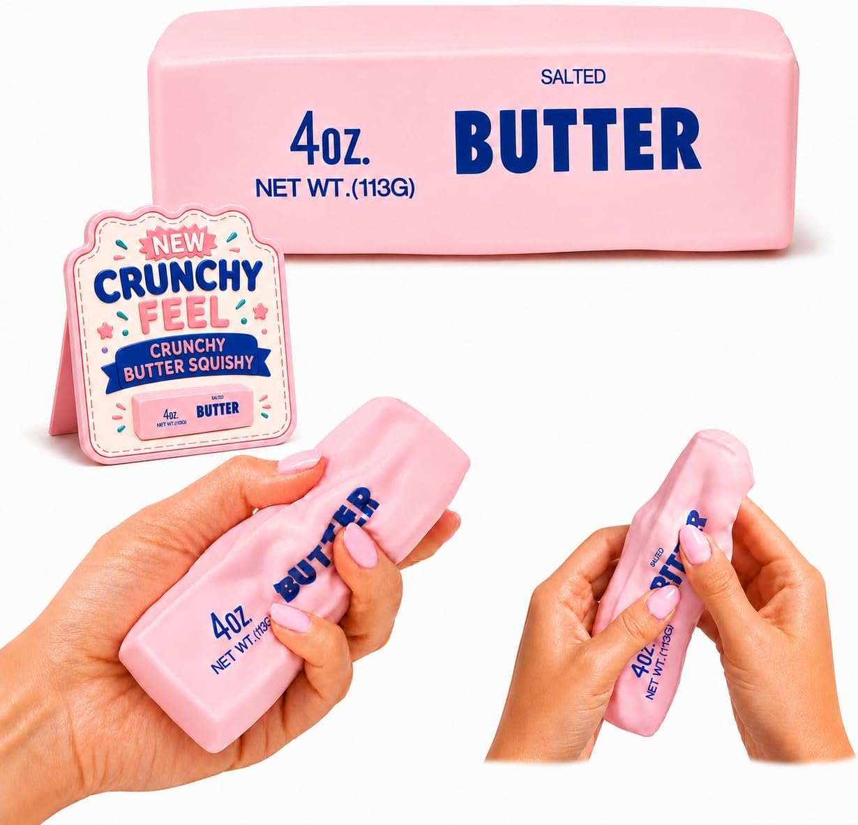 Crunchy Butter Squishy, Soft Squeeze Sensory Fidget Toy with Crunchy ASMR Texture, Butter Stick Stress Relief Toy, Fun Novelty Gift for Kids Teens and Adults, Pink
