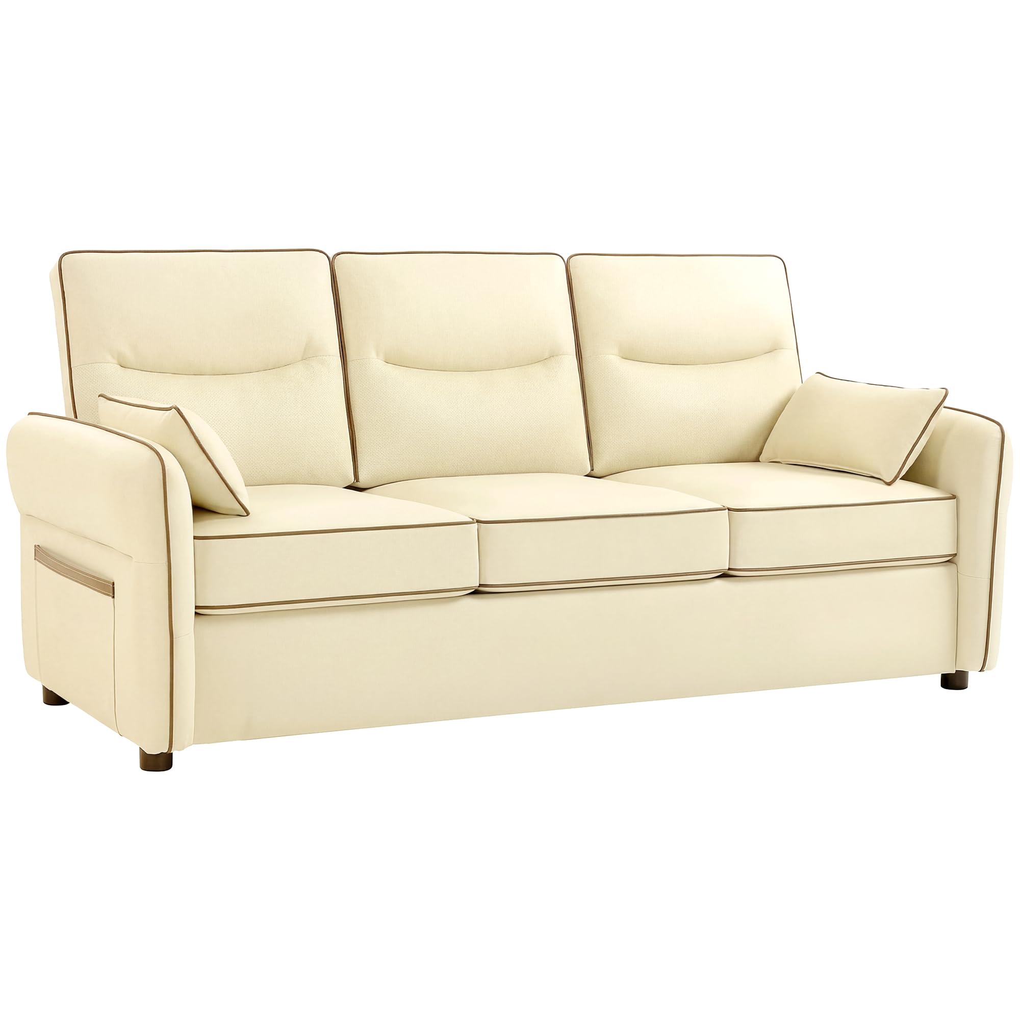 HOMCOM Sofá de 3 Plazas Tapizado en Cuero Sintético 190x83x90 cm Beige | Sofá de Salón Moderno, Acolchado Grueso, Asiento Ancho, Reposabrazos y Bolsillo Lateral, Montaje Rápido, 2 Almohadas