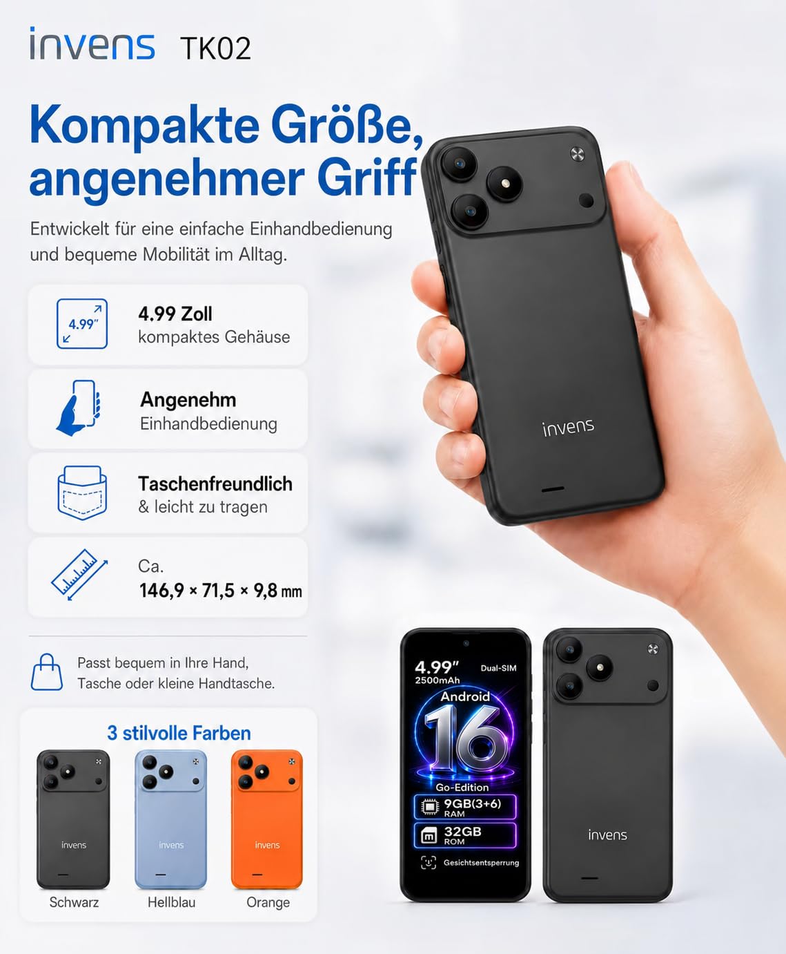 invens TK02 Smartphone Ohne Vertrag Günstig, Android 16 Go Handy, 5,0 Zoll, 9GB RAM (3+6) + 32GB ROM, 4G LTE, Dual SIM + TF 256GB, 8MP + 5MP Kamera, Abnehmbarer Akku, USB-C, 3,5 mm, Orange