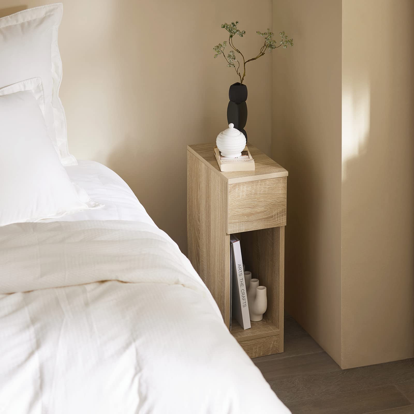 SoBuy Mesita de Noche Estrecha 20 cm con cajón Mesa de Noche ahorradora de Espacio & mesilla de Noche para Espacios pequeños Dormitorio salón Natural 20x35x60 cm FBT111-N