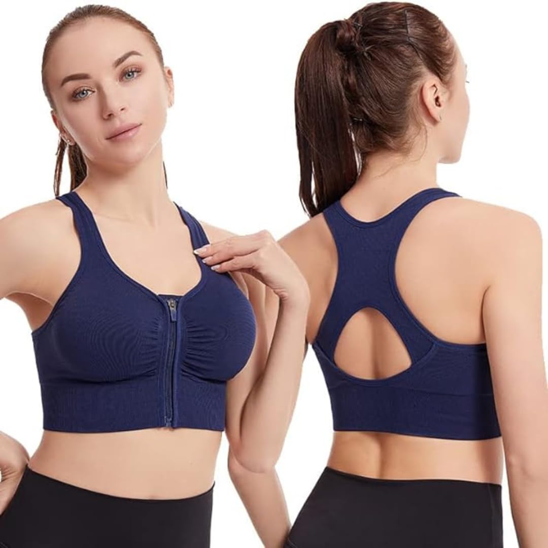 glamoras Nylon Elastane Women Padded Wirefree Front Zip Closure Sports Bra Medium Impact Yoga Bras Racerback Workout Gym Bra, Size- S-3XL Blue-picture-34