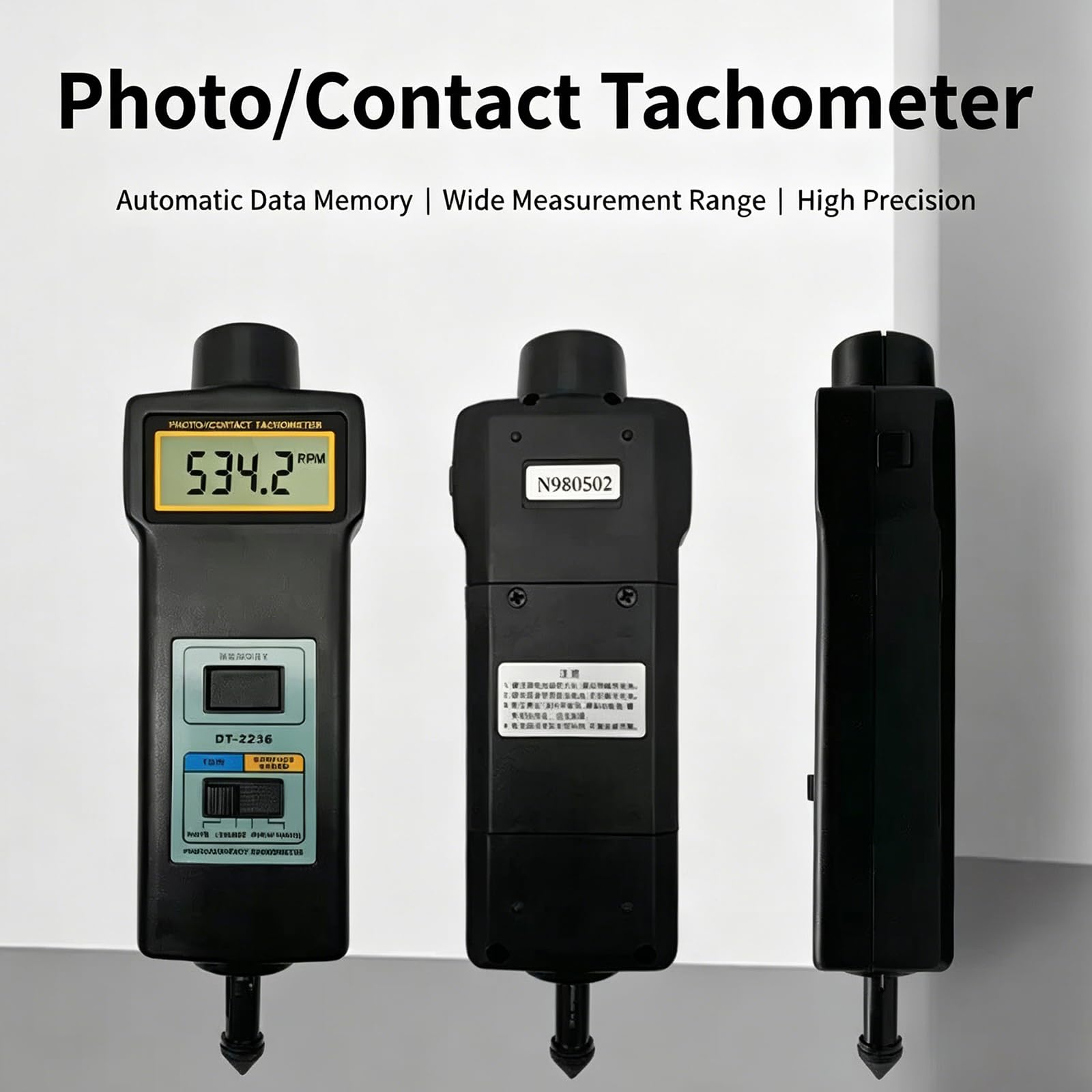 Tacómetro digital, medidor de RPM de contacto y sin contacto 2 en 1, fotosensor láser sin contacto, medición de velocidad lineal (m/min, pies/min), con sonda de 4 piezas, pantalla LCD