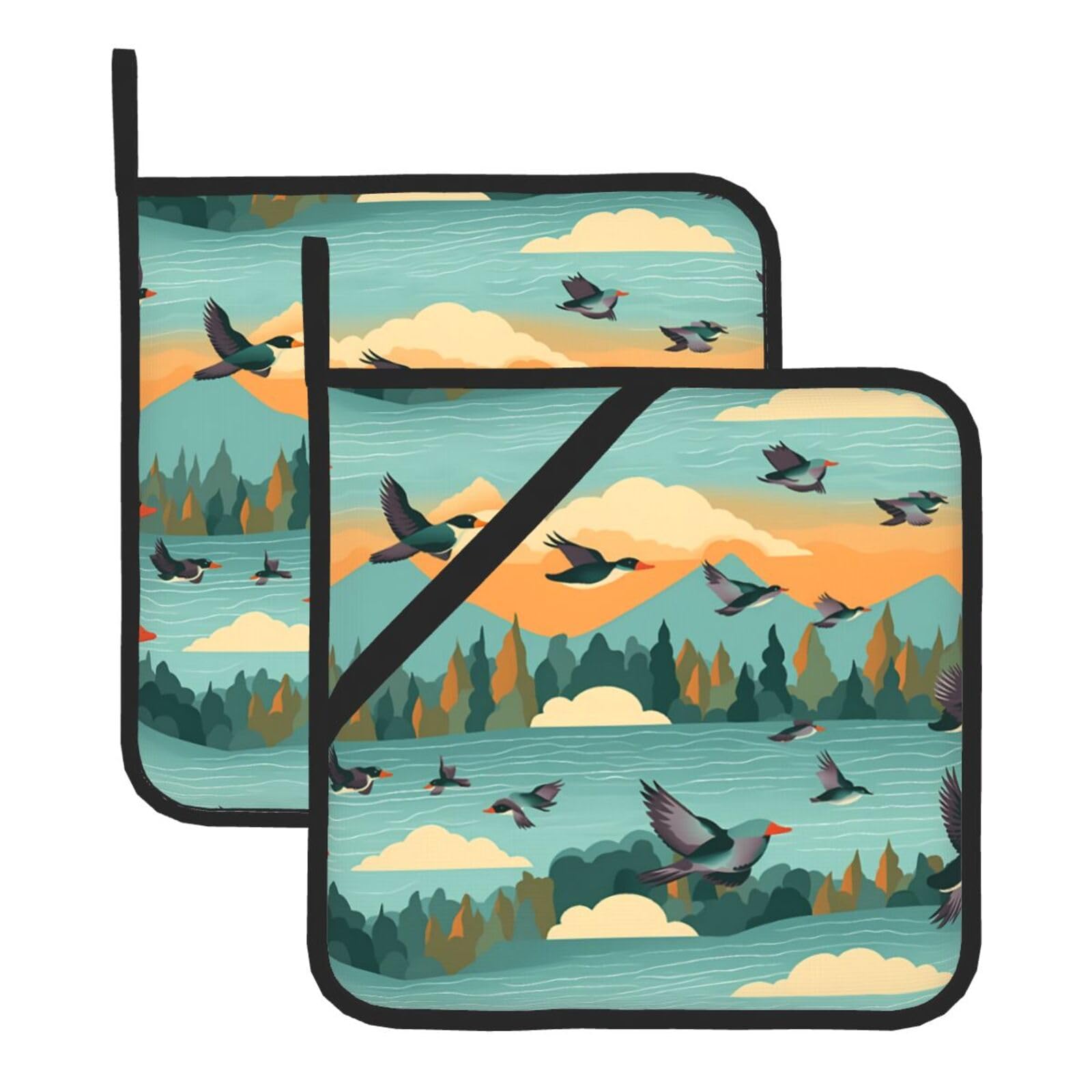 HJFCZH Duck Fly Upon River Printed Square Insulated Pot Mat Set (2-Piece) 8x8in Waterproof, Thickened & Easy to Clean with Lanyard Design for Kitchen, Oven & BBQ