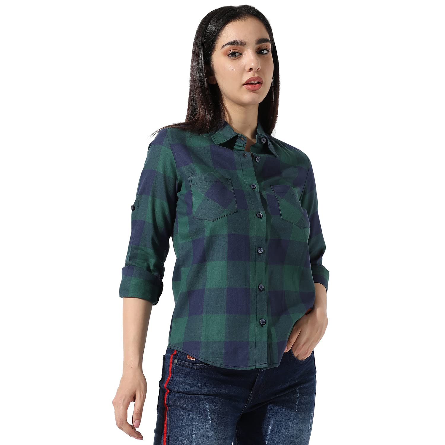 Campus Sutra Women's Checkered Button Up Regular Fit Shirt for Casual Wear | Spread Collar | Long Sleeves | Cotton Shirt Crafted with Regular Sleeve & Comfort Fit for Everyday Wear-image-1