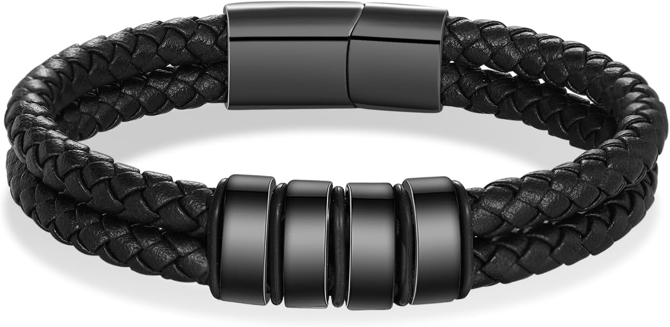 Personalized Bracelets for Men with 2-6 Names Custom Engraved Name Braided Leather Bracelet for Dad Boyfriend Grandpa Anniversary Birthday Christmas Gifts