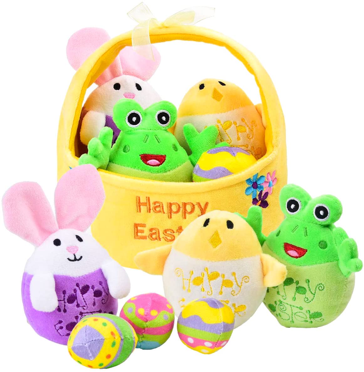 Cuteoy My First Easter Egg Basket Playset 7PCS Stuffed Plush Bunny Chick Frog Egg for Baby Girls Boys Easter Theme Party Favors Stuffers Gifts Easter Decorations Party Supplies