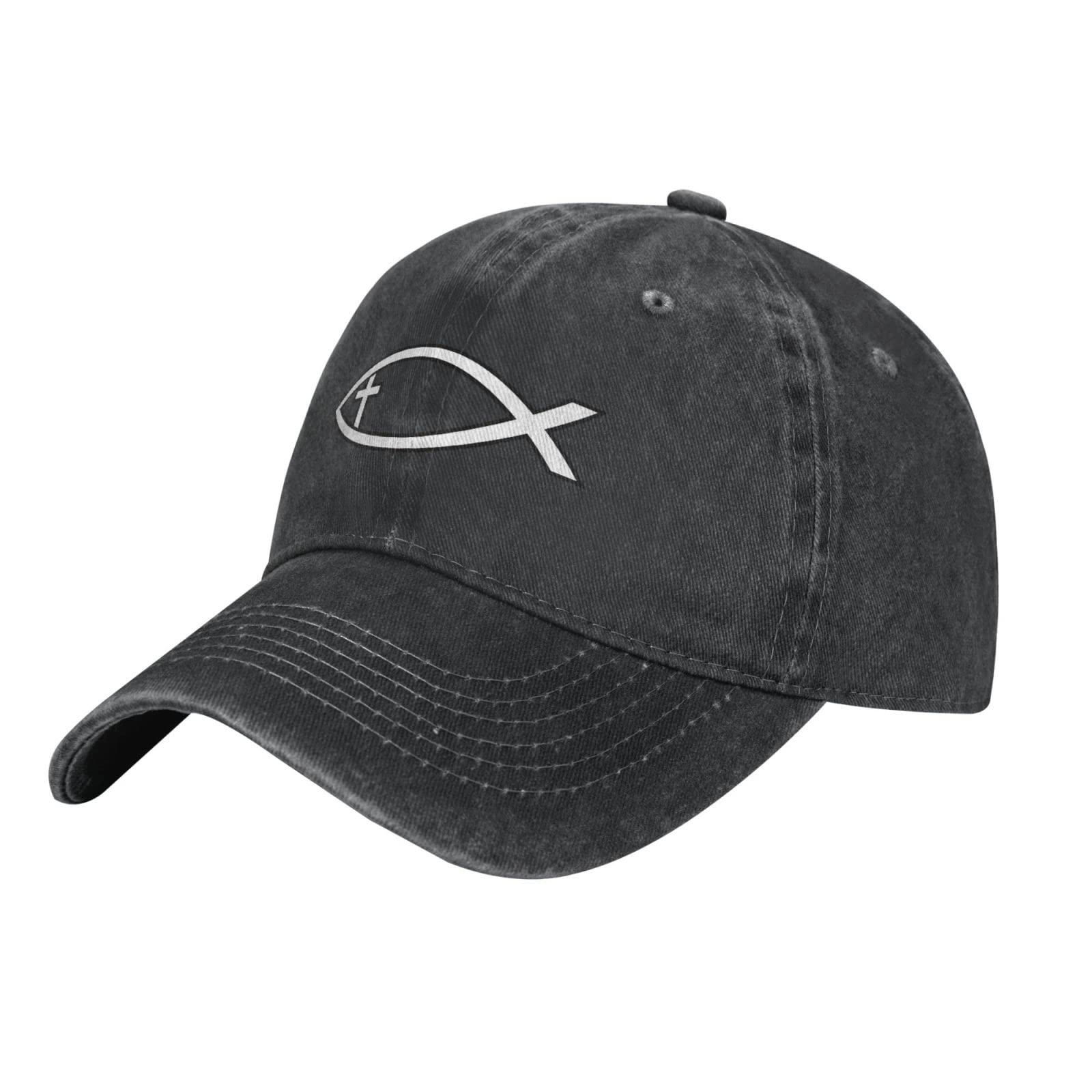 Bradkke Unisex Black Hat Ichthus With Cross Christian Fish Symbol Cowboy Hat Baseball Cap Men Women Trucker Hat Dad Cap Fishing Hat