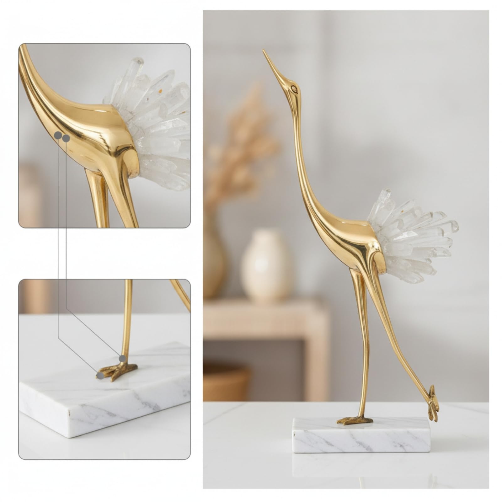 F Fityle Escultura Decorativa Estatua Figura Adorno con Texturas de Lujo en Cobre y Cristal Base de Mármol Antideslizante Brillo, Blanco, Grulla Inclinada Central