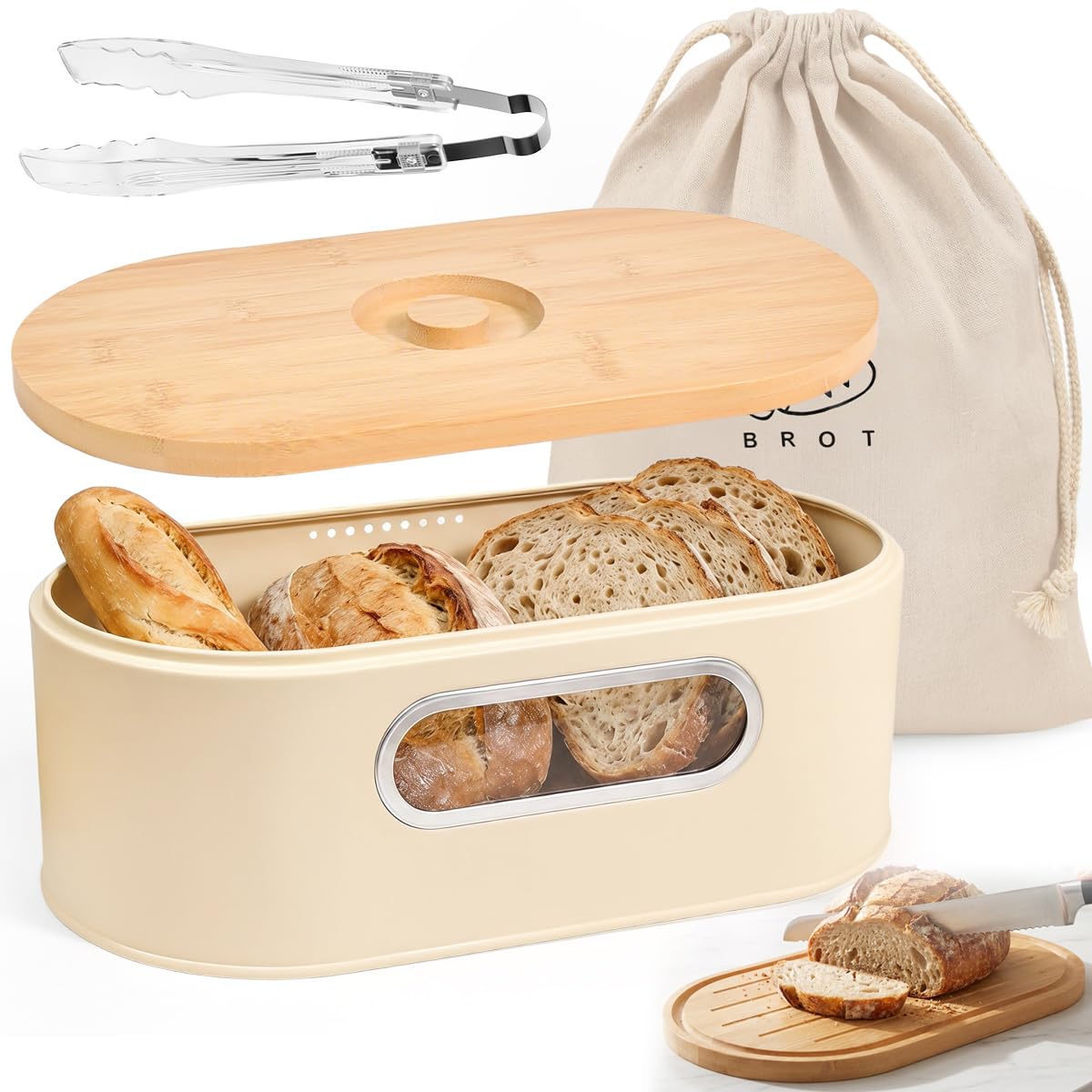 frisches brot aufbewahren Linzerry Brotkasten Metall Brotkästen Großer Kapazität Bambusdeckel Brotbox mit Brotbeutel & Brotklammer Bread Box Ansichtsfenster Weiß brotaufbewahrung für noch länger Brot Küche, Haushalt & Wohnen Stil:Doppelt Nützliches für Camper Gemüse im Keller lagern