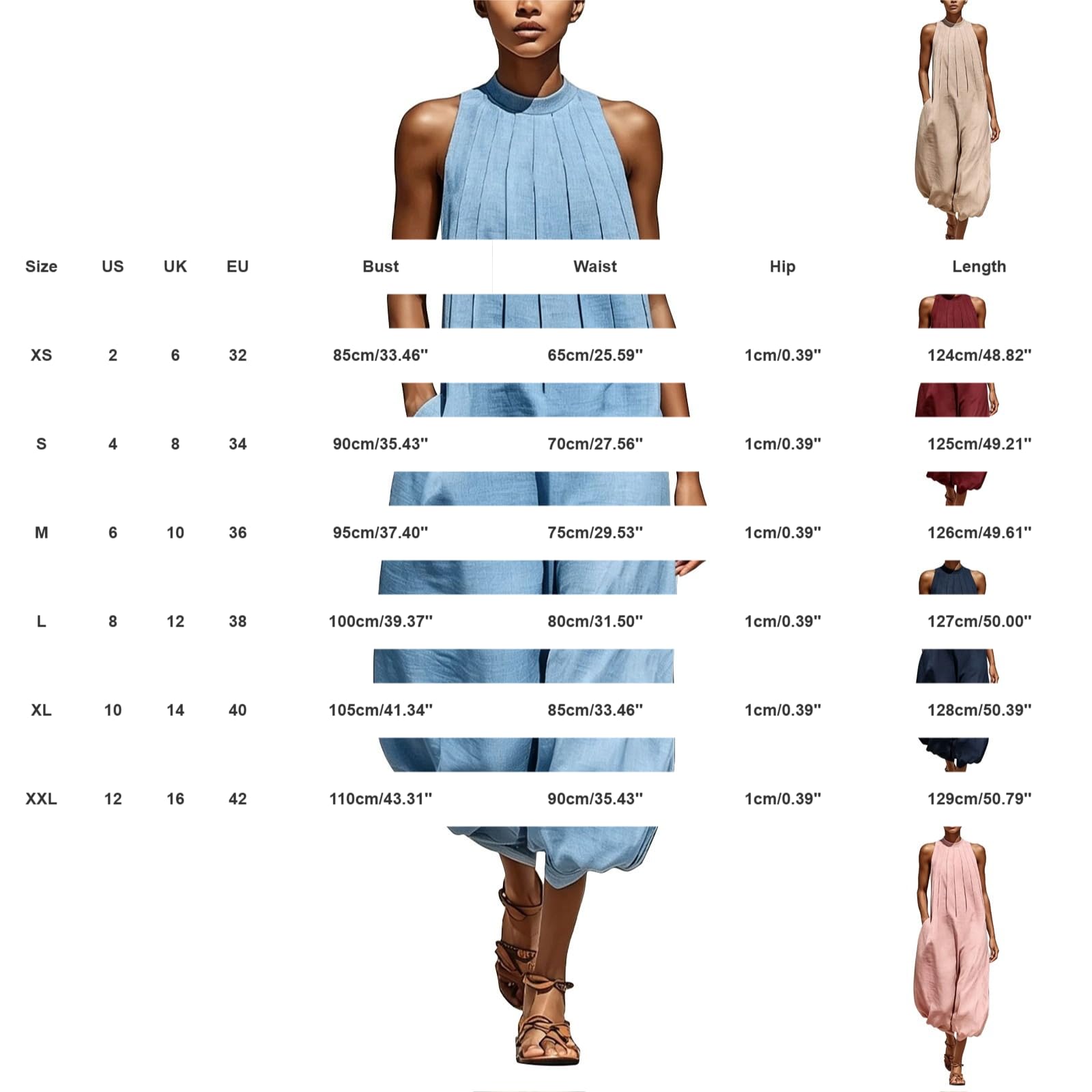 Generisch Tuta estiva da donna, lunga, a gamba larga, elegante | Tuta con pantaloni, senza maniche, spalle scoperte, oversize, con tasche, pagliaccetto alla moda per matrimoni e feste