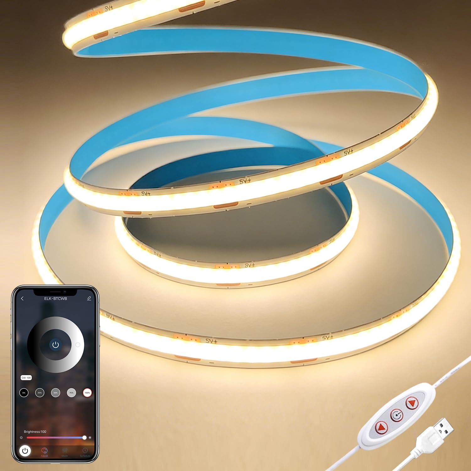 COB LED Strip Lights 6.6FT,3000K 5V USB Powered Dimmable Warm White Flexible Light Strip TV LED Backlights，8mm Width LED Rope Lights with App Control for Living Room,Kitchen，Shelf, Cabinet