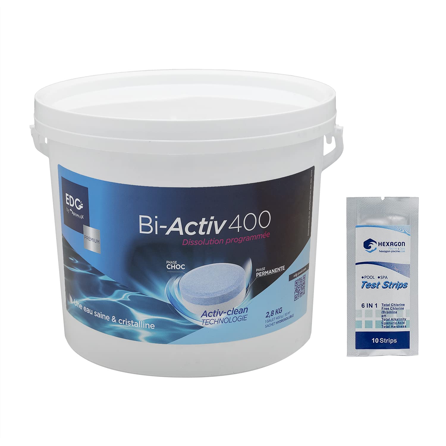 EDG Premium BI-ACTIV 400 Galets 400g Sachets Hydrosolubles - 2,8kg | Chlore Lent Stabilisé Multiaction - Désinfection Régulière Multifonction Action Choc - Dissolution Lente + 10 Tests HPS OFFERTS