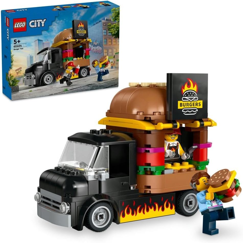 City Burger Van, Food Truck Toy for 5 Plus Year Old Boys & Girls, Vehicle Building Toys, Kitchen Playset with Vendor Minifigure and Accessories, Imaginative Play and Ramadan Gifts for kids 60404