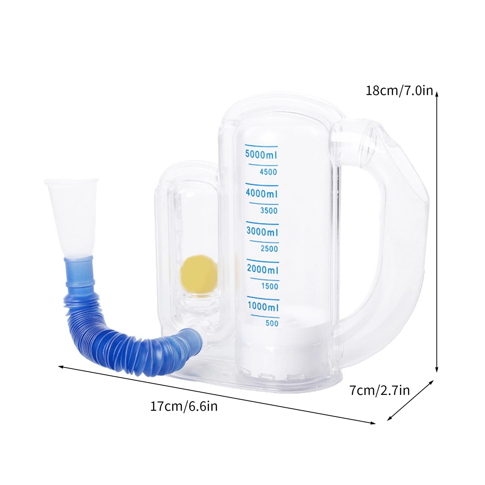 Appareil de renforcement respiratoire Spiromètre d'incitation à l'exercice respiratoire 5000 ml Mesure du volume avec indicateur de débit Entraîneur profond pour étudiants Blanc