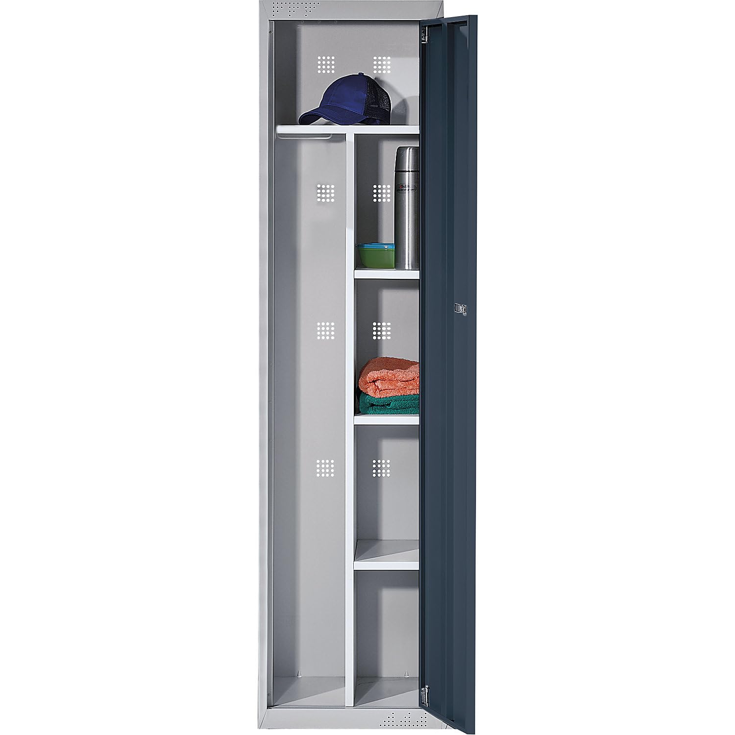 Guardaroba modulare, con elementi di base e aggiuntivi, alt. x largh. x prof. 1800 x 450 x 500 mm, 1 cappelliera, 3 ripiani, grigio chiaro / grigio basalto, modulo portante.