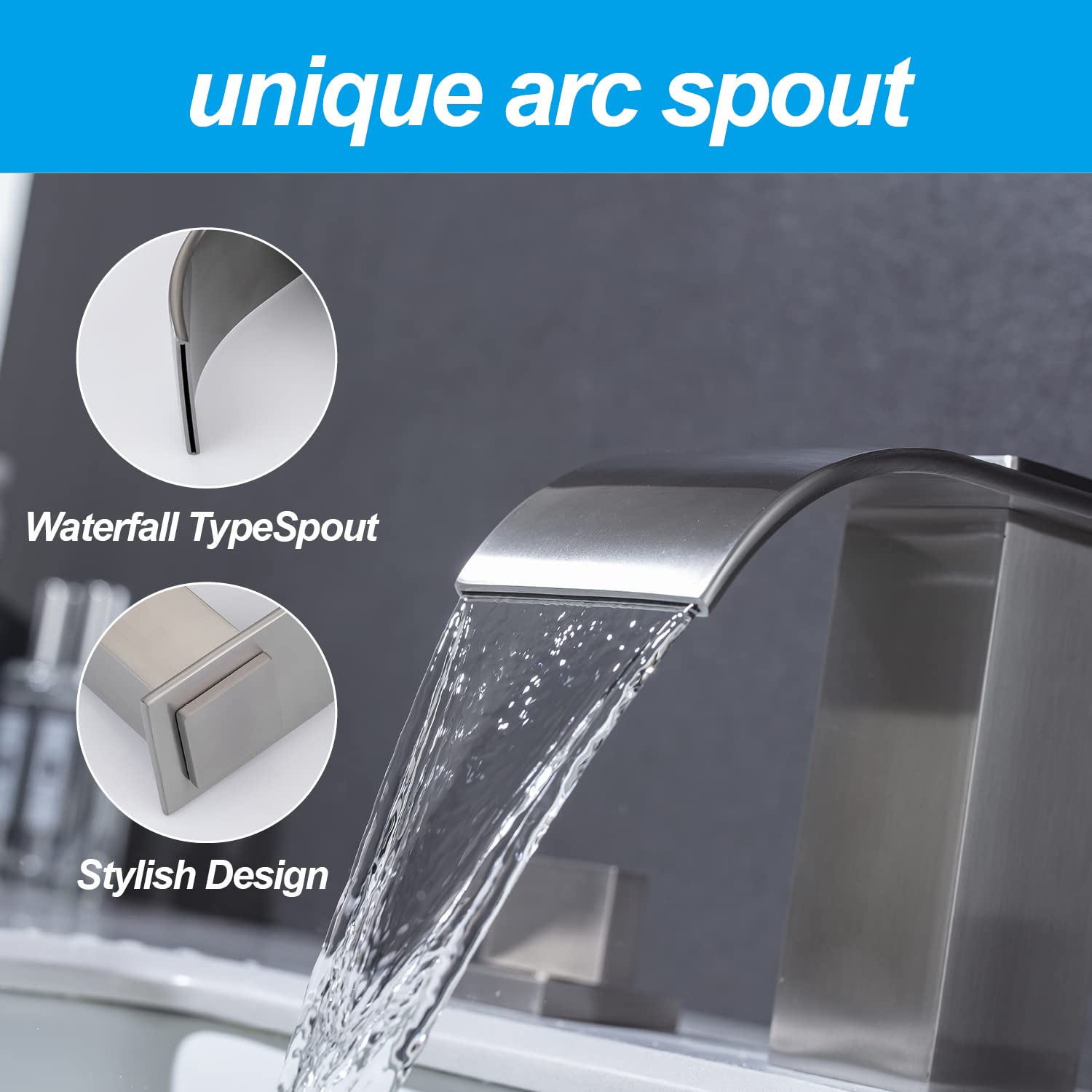 Airuida Waschtischarmatur Wasserfall-Design - 3-Loch Montage, 20,3 Cm Breit, Chrom | Mit Pop-Up Ablauf