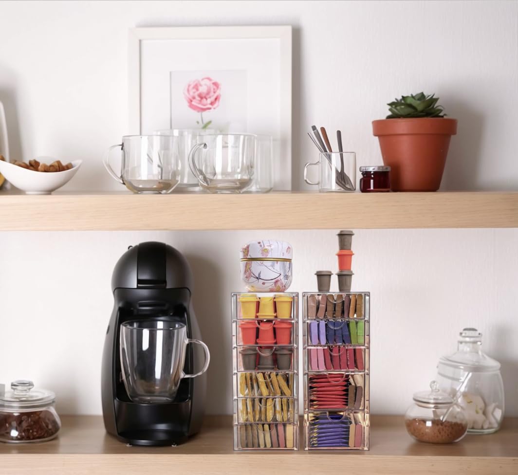 Tea Bag Organizer Coffee Pod Drawer, 2 Packs Coffee Capsule Storage Tea And K Cup Organizer for Countertop Acrylic Coffee Bar Organizer for Home Coffee Bar Office (165 Pods Capacity)